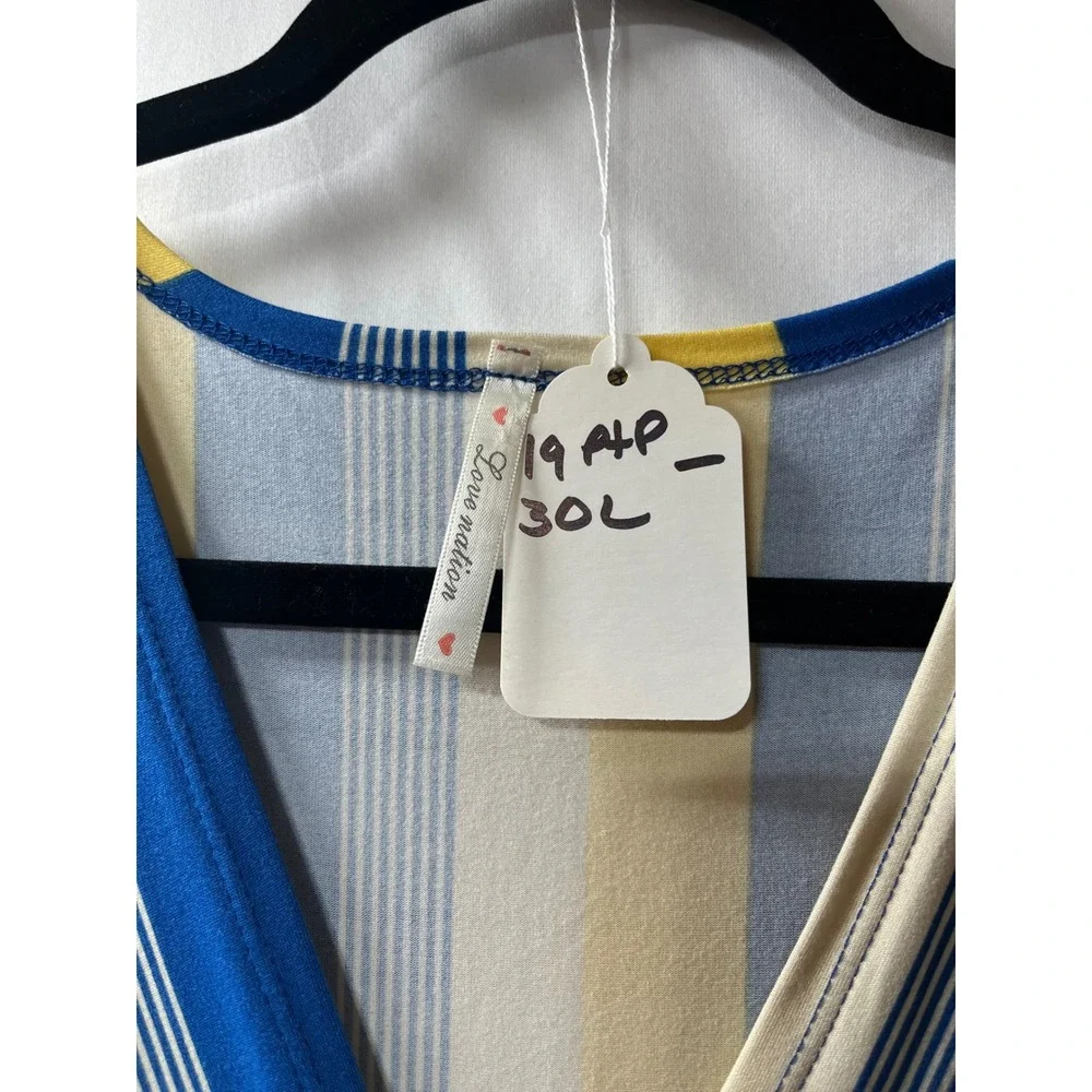 Love Nation Womens Blue Yellow Striped Sleeveless V-Neck Wrap Tie Waist Jumpsuit
